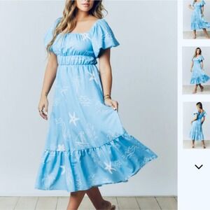 Peach Love Ally Sea Print Sky Blue Midi Dress Mini under Slip Size Large NWT
